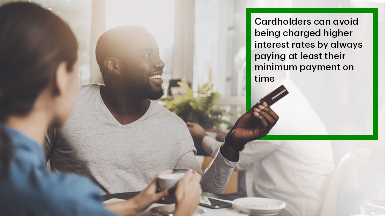 Text that says 'Cardholders can avoid being charged higher interest rates by always paying at least their minimum payment on time.'